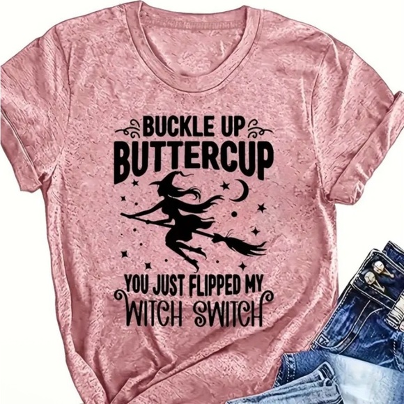 Pink Graphic Tee “BUCKLE UP BUTTERCUP” Witch Design - Picture 3 of 3